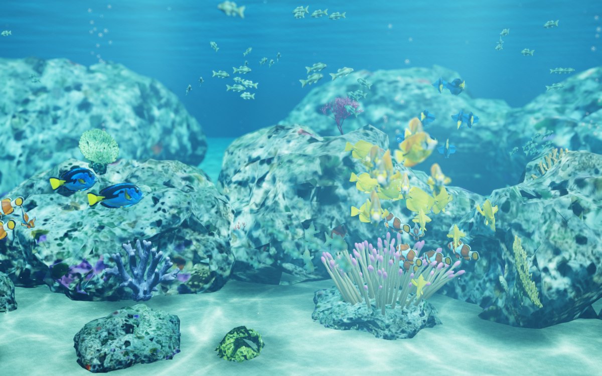 サンゴ礁の水槽。サンゴのまわりを熱帯魚が泳ぐ